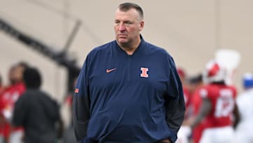 Sep 20, 2025; Bloomington, Indiana, USA; Illinois Fighting Illini head coach Bret Bielema walks onto the field prior to the game against the Indiana Hoosiers at Memorial Stadium. Mandatory Credit: Robert Goddin-Imagn Images