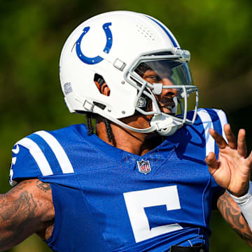 Indianapolis Colts quarterback Anthony Richardson (5) throws a pass Wednesday, Aug. 14, 2024, during a joint practice with the Arizona Cardinals at Grand Park Sports Campus in Westfield, IN.