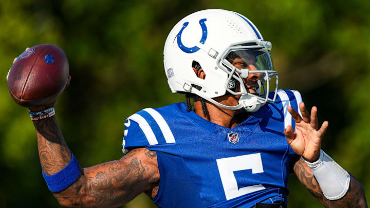 Indianapolis Colts quarterback Anthony Richardson (5) throws a pass Wednesday, Aug. 14, 2024, during a joint practice with the Arizona Cardinals at Grand Park Sports Campus in Westfield, IN.