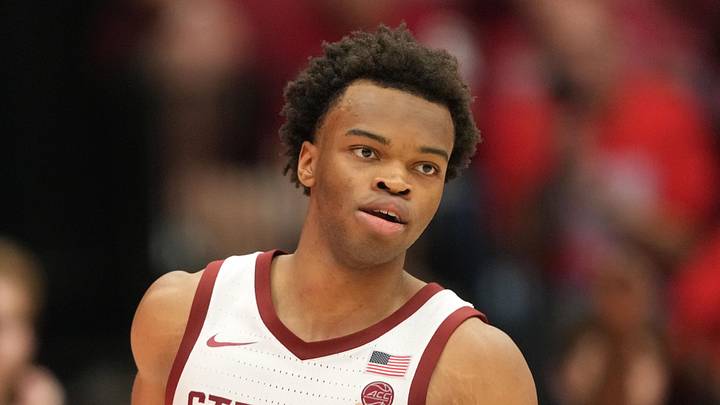 Feb 28, 2026; Stanford, California, USA; Stanford Cardinal guard Ebuka Okorie (1) during the second half against the Southern Methodist University Mustangs at Maples Pavilion. Mandatory Credit: Darren Yamashita-Imagn Images