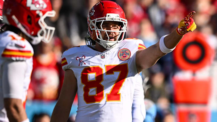 Dec 21, 2025; Nashville, Tennessee, USA;  Kansas City Chiefs tight end Travis Kelce (87) against the Tennessee Titans during the first half at Nissan Stadium.