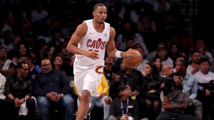 Oct 25, 2023; Brooklyn, New York, USA; Cleveland Cavaliers forward Isaac Okoro (35) brings the ball up court against the Brooklyn Nets during the second quarter at Barclays Center. Mandatory Credit: Brad Penner-USA TODAY Sports