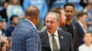 Dec 14, 2024; Chapel Hill, North Carolina, USA; North Carolina Tar Heels head coach Hubert Davis with La Salle Explorers head coach Fran Dunphy before the game at Dean E. Smith Center. Mandatory Credit: Bob Donnan-Imagn Images