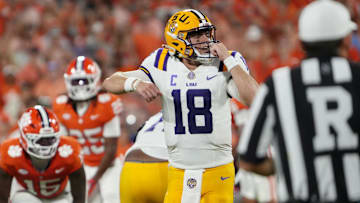 Aug 30, 2025; Clemson, South Carolina, USA; LSU Tigers quarterback Garrett Nussmeier (18) looks on before a play against the Clemson Tigers during the first quarter at Memorial Stadium. Mandatory Credit: Ken Ruinard-USA TODAY Network via Imagn Images