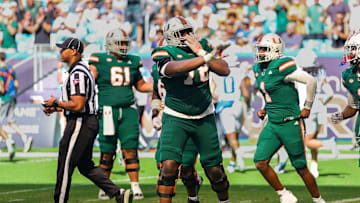 Nov 2, 2024; Miami Gardens, Florida, USA; Miami Hurricanes offensive lineman Matthew McCoy (78) celebrates after scoring on a two-point conversion against the Duke Blue Devils during the third quarter at Hard Rock Stadium. Mandatory Credit: Sam Navarro-Imagn Images
