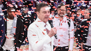 Mar 1, 2025; New York, New York, USA;  St. John's basketball head coach Rick Pitino addresses the fans after winning the Big East Regular Season Championship at Madison Square Garden. 