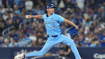 Oct 31, 2025; Toronto, Ontario, CAN; Toronto Blue Jays pitcher Chris Bassitt (40) throws a pitch in the ninth inning for game six of the 2025 MLB World Series at Rogers Centre. Mandatory Credit: Nick Turchiaro-Imagn Images