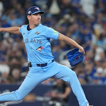 Oct 31, 2025; Toronto, Ontario, CAN; Toronto Blue Jays pitcher Chris Bassitt (40) throws a pitch in the ninth inning for game six of the 2025 MLB World Series at Rogers Centre. Mandatory Credit: Nick Turchiaro-Imagn Images