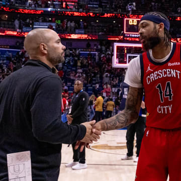 Apr 19, 2024; New Orleans, Louisiana, USA;  New Orleans Pelicans forward Brandon Ingram (14) against the Sacramento Kings after time expires during a play-in game of the 2024 NBA playoffs at Smoothie King Center.