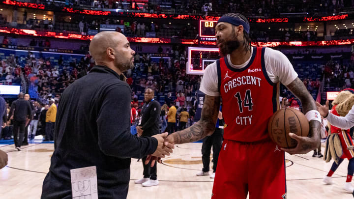 Apr 19, 2024; New Orleans, Louisiana, USA;  New Orleans Pelicans forward Brandon Ingram (14) against the Sacramento Kings after time expires during a play-in game of the 2024 NBA playoffs at Smoothie King Center.