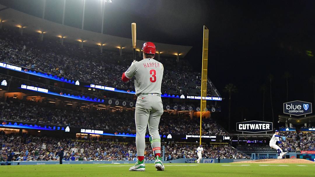 May 29, 2026; Los Angeles, California, USA; Philadelphia Phillies first baseman Bryce Harper (3) before hitting against the Los Angeles Dodgers during the seventh inning  at Dodger Stadium. Mandatory Credit: Gary A. Vasquez-Imagn Images