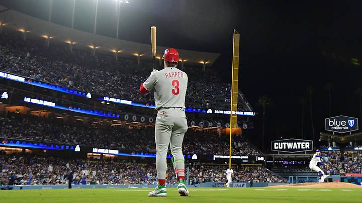 May 29, 2026; Los Angeles, California, USA; Philadelphia Phillies first baseman Bryce Harper (3) before hitting against the Los Angeles Dodgers during the seventh inning  at Dodger Stadium. Mandatory Credit: Gary A. Vasquez-Imagn Images