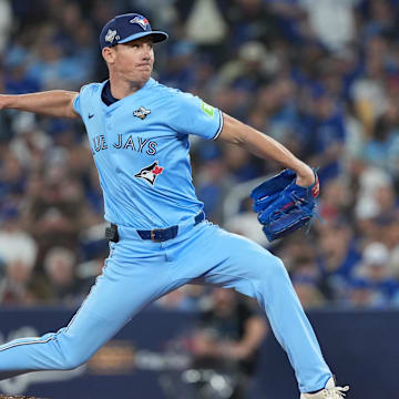 Oct 31, 2025; Toronto, Ontario, CAN; Toronto Blue Jays pitcher Chris Bassitt (40) throws a pitch in the ninth inning for game six of the 2025 MLB World Series at Rogers Centre. Mandatory Credit: Nick Turchiaro-Imagn Images