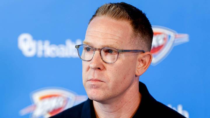 Sam Presti speaks to the press in Oklahoma City, on Tuesday, May 28, 2024.