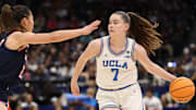 Apr 4, 2025; Tampa, FL, USA;  UCLA Bruins guard Elina Aarnisalo (7) dribbles against Connecticut Huskies guard Kaitlyn Chen (20) during first quarter in a semifinal of the women's 2025 NCAA tournament at Amalie Arena. Mandatory Credit: Nathan Ray Seebeck-Imagn Images