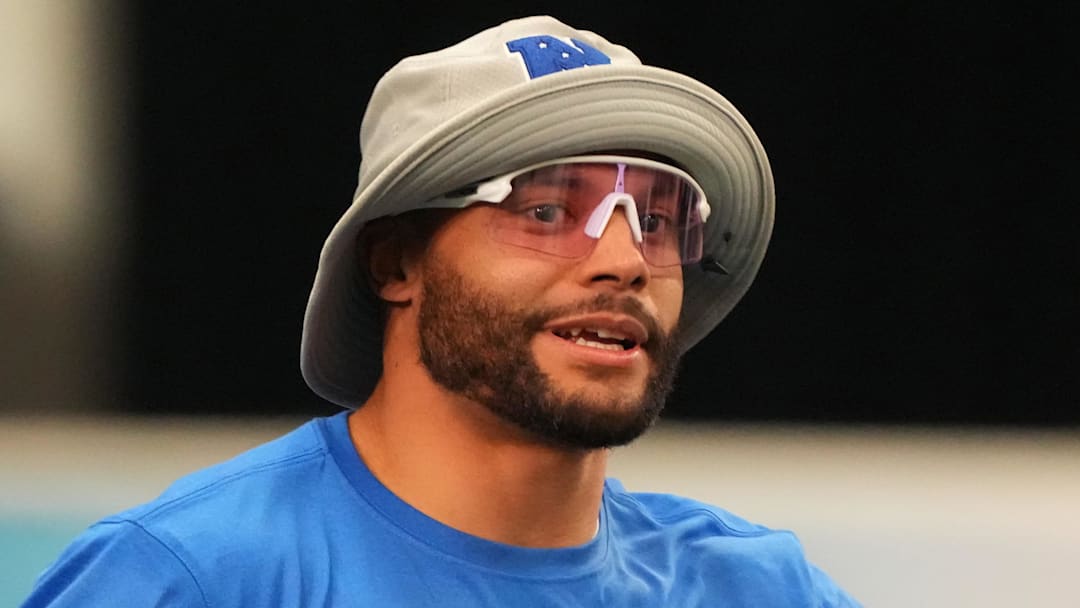Feb 1, 2026; San Francisco, CA, USA; Dallas Cowboys quarterback Dak Prescott (4) during NFC practice at the Flag Fieldhouse Moscone Center South Building. Mandatory Credit: Kirby Lee-Imagn Images