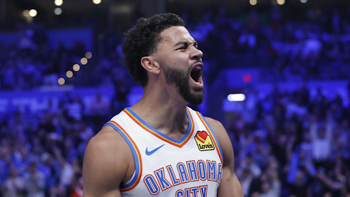 Oklahoma City Thunder guard Ajay Mitchell (25) celebrates after scoring against the Sacramento Kings during the second half at Paycom Center on October 28, 2025.