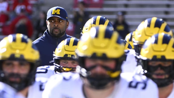 Nov 18, 2023; College Park, Maryland, USA; Michigan Wolverines interim head coach Sherrone Moore before the game against Maryland at SECU Stadium. Mandatory Credit: Brad Mills-USA TODAY Sports