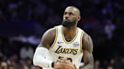Dec 7, 2025; Philadelphia, Pennsylvania, USA; Los Angeles Lakers forward Lebron James (23) shoots against the Philadelphia 76ers during the fourth quarter at Xfinity Mobile Arena. Mandatory Credit: Bill Streicher-Imagn Images