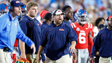 Oct 28, 2023; Oxford, Mississippi, USA; Mississippi Rebels defensive coorinator Pete Golding watches from the sidelines during the first half against the Vanderbilt Commodores at Vaught-Hemingway Stadium. Mandatory Credit: Petre Thomas-Imagn Images