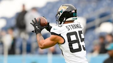 Dec 8, 2024; Nashville, Tennessee, USA;  Jacksonville Jaguars tight end Brenton Strange (85) makes a catch during pregame warmups against the Tennessee Titans at Nissan Stadium. Mandatory Credit: Steve Roberts-Imagn Images