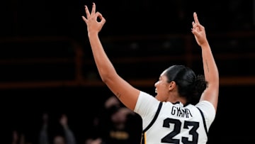 Iowa forward Jada Gyamfi (23) reacts after knocking down a 3-pointer Nov. 9, 2025 during a women’s basketball game against the Evansville Purple Aces at Carver-Hawkeye Arena in Iowa City, Iowa.