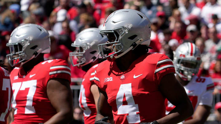 April 13, 2024; Columbus, Ohio, USA; 
Ohio State Buckeyes wide receiver Jeremiah Smith (4) competes during the first half of the LifeSports spring football game at Ohio Stadium on Saturday.