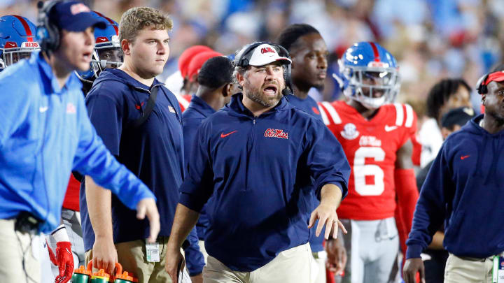 Oct 28, 2023; Oxford, Mississippi, USA; Mississippi Rebels defensive coorinator Pete Golding watches from the sidelines during the first half against the Vanderbilt Commodores at Vaught-Hemingway Stadium. Mandatory Credit: Petre Thomas-USA TODAY Sports