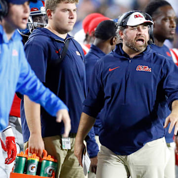 Oct 28, 2023; Oxford, Mississippi, USA; Mississippi Rebels defensive coorinator Pete Golding watches from the sidelines during the first half against the Vanderbilt Commodores at Vaught-Hemingway Stadium. Mandatory Credit: Petre Thomas-Imagn Images