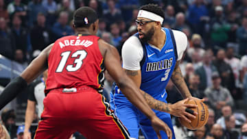 Dec 3, 2025; Dallas, Texas, USA;  Dallas Mavericks forward Anthony Davis (3) looks to score as Miami Heat center Bam Adebayo (13) defends during the first quarter at American Airlines Center. Mandatory Credit: Kevin Jairaj-Imagn Images