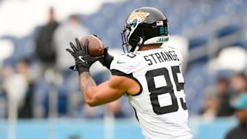 Dec 8, 2024; Nashville, Tennessee, USA;  Jacksonville Jaguars tight end Brenton Strange (85) makes a catch during pregame warmups against the Tennessee Titans at Nissan Stadium. Mandatory Credit: Steve Roberts-Imagn Images
