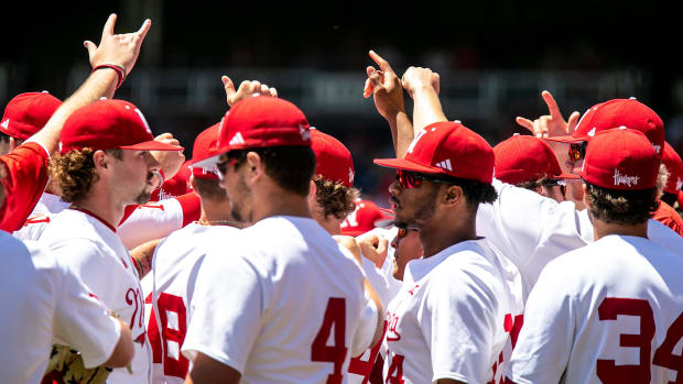 Nebraska huddle up during a semifinal game of the Big Ten Baseball Tournament