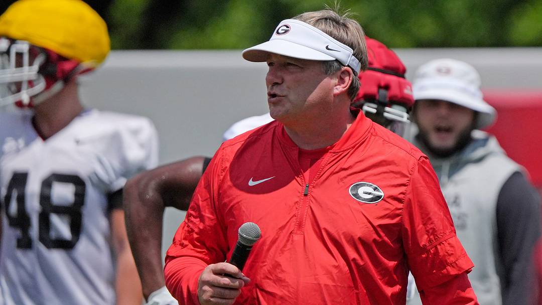 Georgia coach Kirby Smart looks on at the first day of fall practice in Athens, Georgia, on Thursday, July 31, 2025.