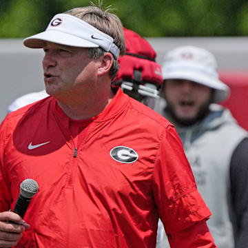 Georgia coach Kirby Smart looks on at the first day of fall practice in Athens, Georgia, on Thursday, July 31, 2025.