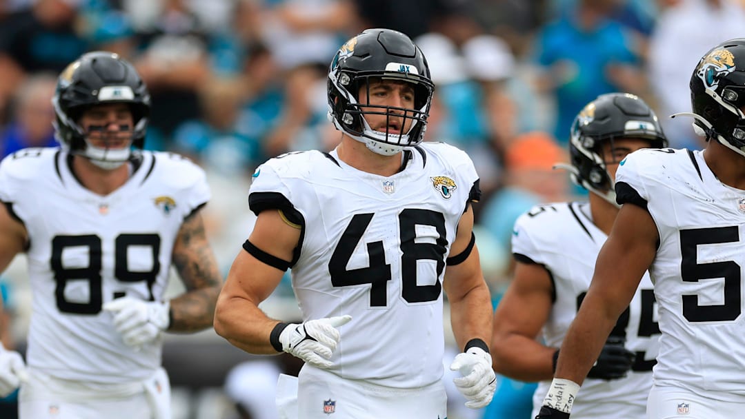 Jacksonville Jaguars linebacker Chad Muma (48) and linebacker Caleb Johnson (57) run into formation during the first quarter of an NFL football matchup Sunday, Sept. 15, 2024 at EverBank Stadium in Jacksonville, Fla. The Browns defeated the Jaguars 18-13. [Corey Perrine/Florida Times-Union]