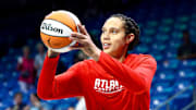 Jul 30, 2025; Arlington, Texas, USA; Atlanta Dream center Brittney Griner (42) warms up  before the game against the Dallas Wings at College Park Center. Mandatory Credit: Kevin Jairaj-Imagn Images