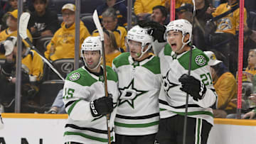 Oct 26, 2025; Nashville, Tennessee, USA;  Dallas Stars center Wyatt Johnston (53) celebrates with his teammates after scoring a goal against the Nashville Predators during the second period at Bridgestone Arena. Mandatory Credit: Steve Roberts-Imagn Images