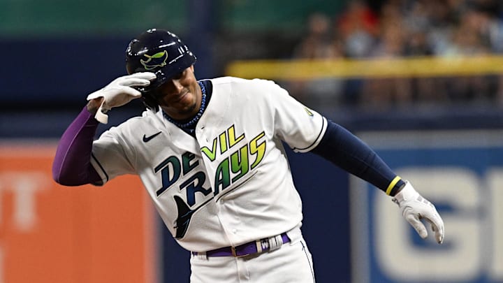 Tampa Bay Rays shortstop Wander Franco celebrates after hitting a two run single in the third inning against the Cleveland Guardians at Tropicana Field. Tampa Bay Rays shortstop Wander Franco celebrates after hitting a two run single in the third inning against the Cleveland Guardians at Tropicana Field.
