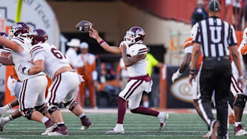 Sep 28, 2024; Austin, Texas, USA;  Mississippi State Bulldogs quarterback Michael Van Buren Jr. (0) throws a pass in the second half against the Texas Longhorns at Darrell K Royal-Texas Memorial Stadium. Mandatory Credit: Daniel Dunn-Imagn Images