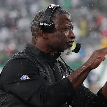 Nov 9, 2025; East Rutherford, New Jersey, USA; New York Jets head coach Aaron Glenn reacts after a Jets touchdown during the second half against the Cleveland Browns at MetLife Stadium. Mandatory Credit: Vincent Carchietta-Imagn Images