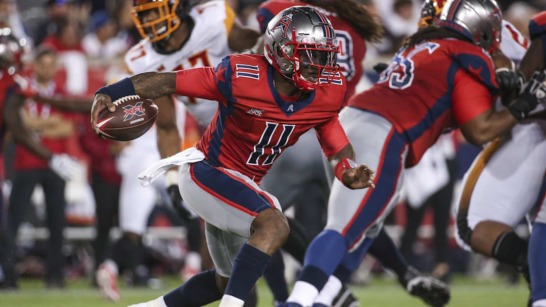 Feb 8, 2020; Houston, TX, USA; Houston Roughnecks quarterback P.J. Walker (11) runs the ball against the Los Angeles Wildcats during the third quarter in a XFL football game at TDECU Stadium. Mandatory Credit: Troy Taormina-Imagn Images