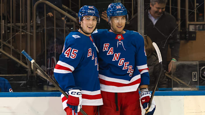 Apr 5, 2026; New York, New York, USA; New York Rangers left wing Will Cuylle (50) celebrates his hat trick goal against the Washington Capitals during the third period at Madison Square Garden. 