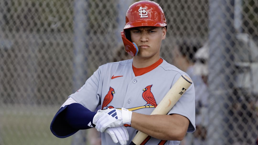 Feb 16, 2026; Jupiter, FL, USA;  St. Louis Cardinals infielder JJ Wetherholt (77) during spring training workouts at Roger Dean Stadium. Mandatory Credit: Reinhold Matay-Imagn Images