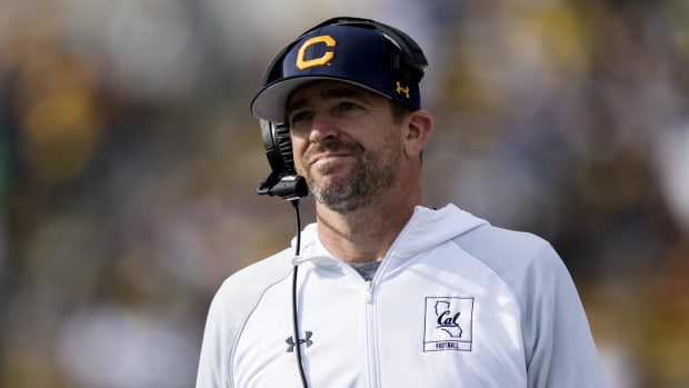 California Golden Bears head coach Justin Wilcox on the sideline during a college football game.