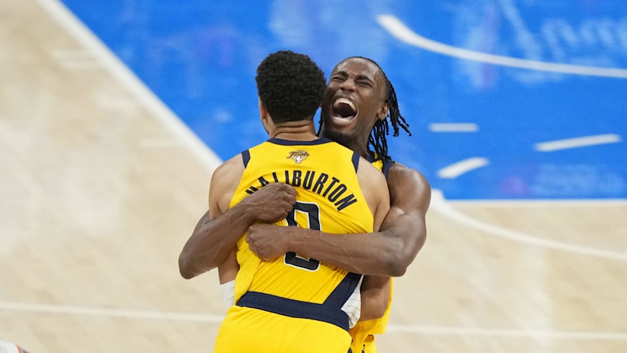 Aaron Nesmith celebrates with Tyrese Haliburton after Haliburton’s game-winner.
