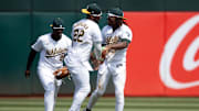 Aug 22, 2024; Oakland, California, USA; Oakland Athletics outfielders Daz Cameron (left), Miguel Andujar (22) and Lawrence Butler celebrate their 3-1 victory over the Tampa Bay Rays at Oakland-Alameda County Coliseum. Mandatory Credit: D. Ross Cameron-Imagn Images