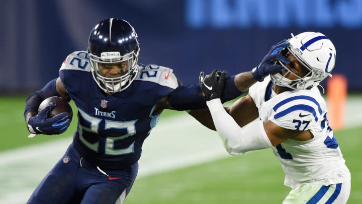 Tennessee Titans running back Derrick Henry (22) stiff arms Indianapolis Colts safety Khari Willis (37) on a first-down run during the second quarter at Nissan Stadium Thursday, Nov. 12, 2020 in Nashville, Tenn.

Gw44540