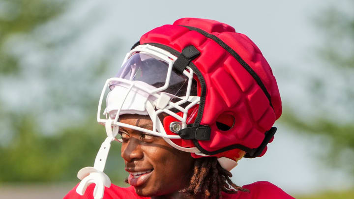 Jul 26, 2024; Kansas City, MO, USA; Kansas City Chiefs wide receiver Xavier Worthy (1) walks down the hill from the locker room to the fields prior to training camp at Missouri Western State University. Mandatory Credit: Denny Medley-USA TODAY Sports