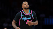 Nov 12, 2025; Miami, Florida, USA; Miami Heat guard Norman Powell (24) looks on after scoring against the Cleveland Cavaliers during the first quarter at Kaseya Center. Mandatory Credit: Sam Navarro-Imagn Images