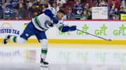 Nov 23, 2024; Ottawa, Ontario, CAN; Vancouver Canucks center Max Sasson (63) shoots the puck during warmup prior to game against the against the Ottawa Senators at the Canadian Tire Centre. Mandatory Credit: Marc DesRosiers-Imagn Images